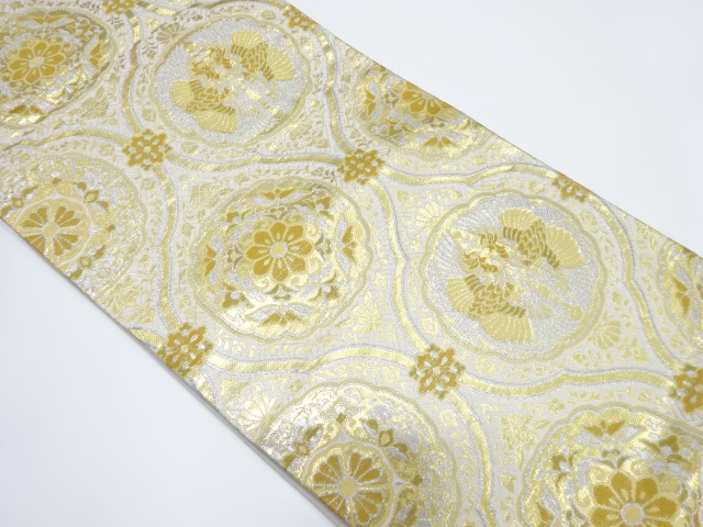 JAPANESE KIMONO / VINTAGE FUKURO OBI / SILK / WOVEN BIRDS & FLOWER CREST